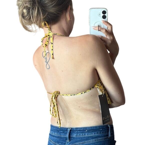 Le Lis S Yellow Cheetah Animal Print Satin Handkerchief Halter Chiffon Crop Top - Picture 2 of 6